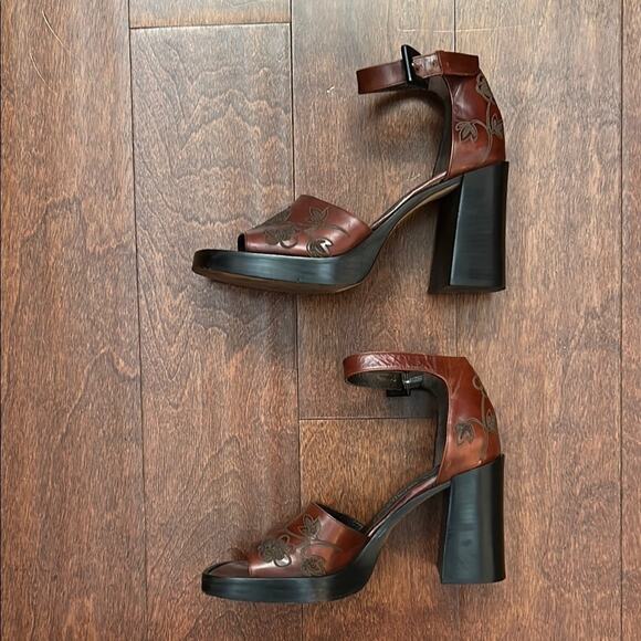 Via Spiga Rare Retro Square Toe Platform Heels, Embroidered Leather, Size 6 - Picture 4 of 15